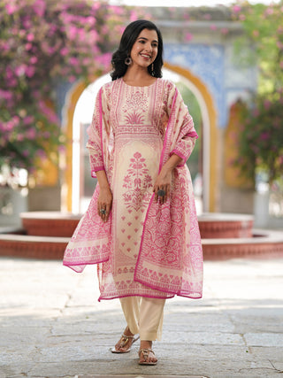 Pink printed kurta with matching dupatta