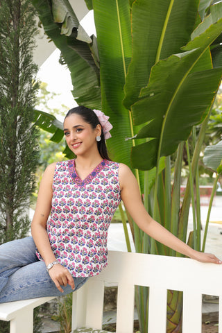 Pink white motif cotton top women