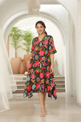 Navy Blue Printed A-Line Midi Ethnic Dresses Rain & Rainbow Navy Blue Printed A-Line Midi Ethnic Dresses Rain & Rainbow