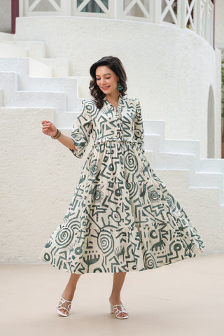 Printed Cotton Tiered Midi Dress