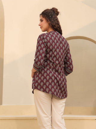 Printed Red Cotton Mandarin Top