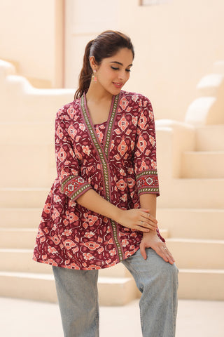 Printed V Neck Cotton Casual Top