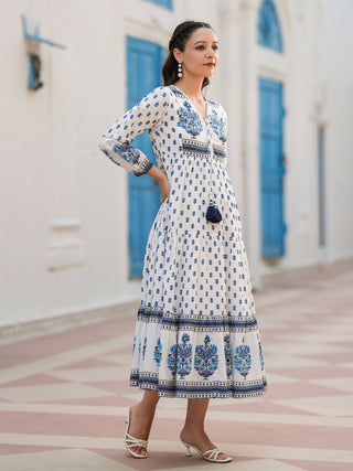 Printed blue fit and flare midi dress
