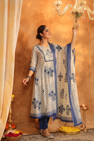 Printed blue kurta with dupatta