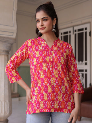 Printed cotton mandarin collar top for women