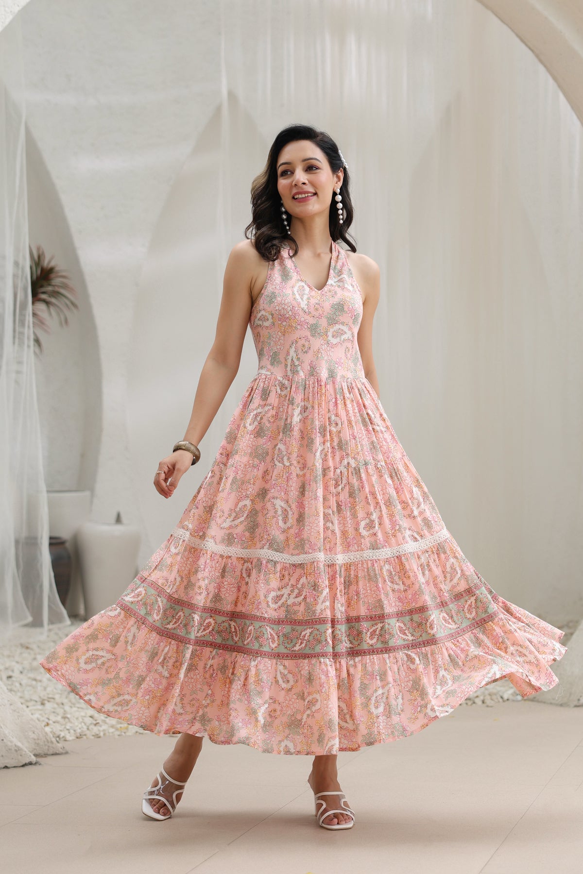 Printed Pure Cotton Fit & Flare Maxi Ethnic Dress – Rain & Rainbow