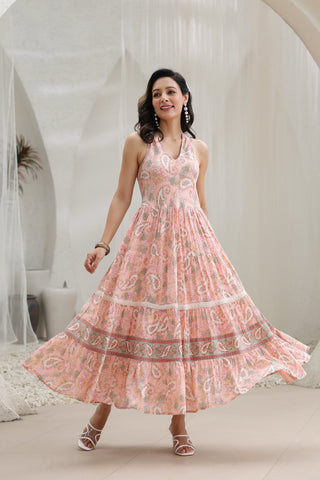 Printed fit flare long dress