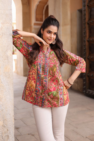 Printed mandarin collar cotton top for women