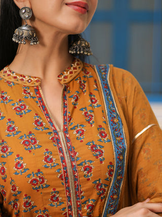 Printed mustard Anarkali kurta trousers set