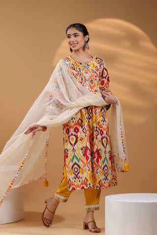 Printed yellow kurta with dupatta