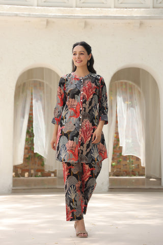 Pure Cotton Black Floral Tunic Set