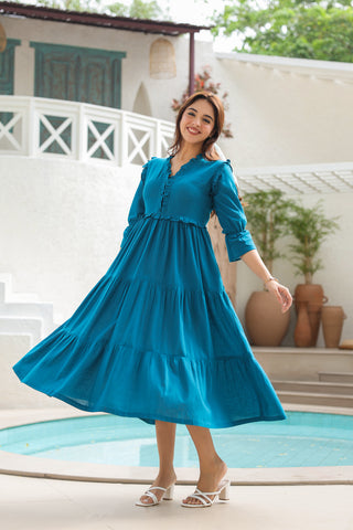 Tiered Pure Cotton Fit & Flare Midi Dress – Rain & Rainbow
