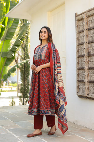 Pure cotton kurta set featuring ethnic motifs, trousers and dupatta