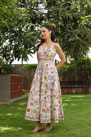 pure cotton midi dress White Printed Pure Cotton Fit & Flared Midi Dress – Rain & Rainbow