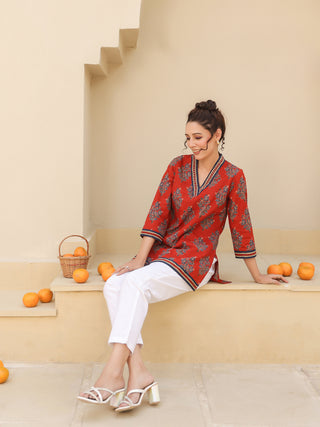 Red Ajrakh Cotton Top