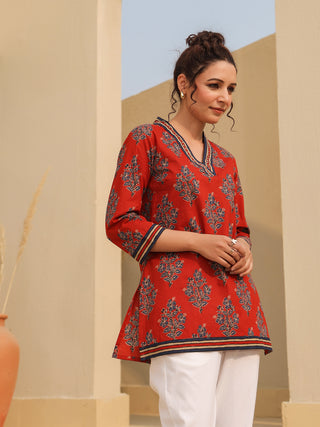 Red Casual Ajrakh Top