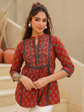 Red Cotton Mandarin Neck Top