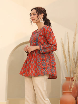 Red Cotton Print Top