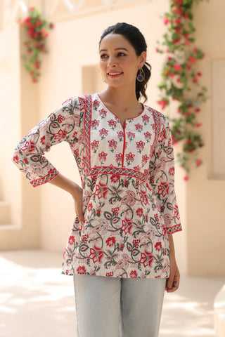 Red Floral Printed Cotton Top