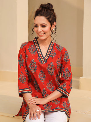 Red Handblock Ajrakh Top
