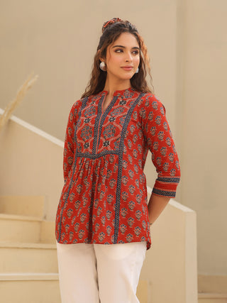 Red Mandarin Collar Top