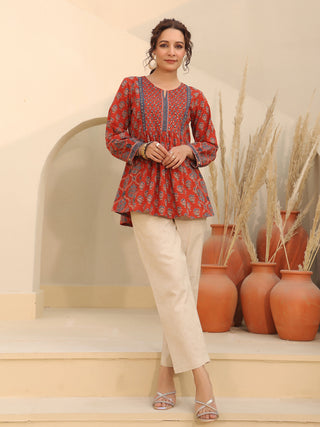 Red Print Casual Cotton Top
