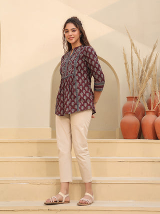 Red Printed Casual Cotton Top