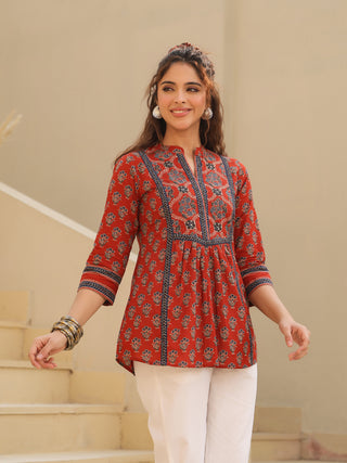 Red Printed Mandarin Collar Top