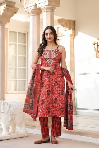 Red cotton kurta set with dupatta