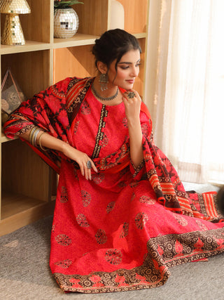 Red ethnic print cotton kurta set women