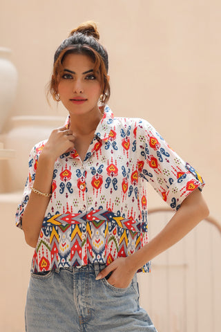 Roll-Up Sleeve Geometric Shirt Top