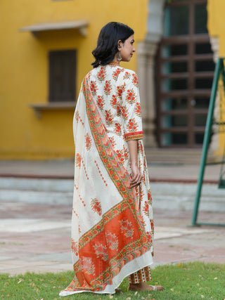 Floral Printed Thread Work Pure Cotton Kurta With Trousers & Dupatta