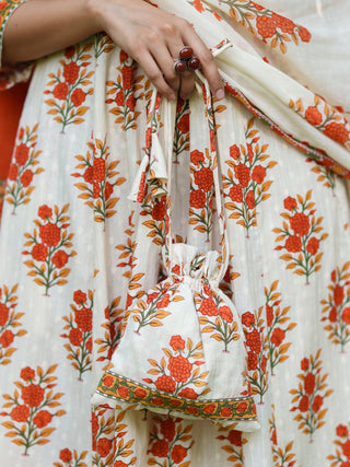 Floral Printed Thread Work Pure Cotton Kurta With Trousers & Dupatta