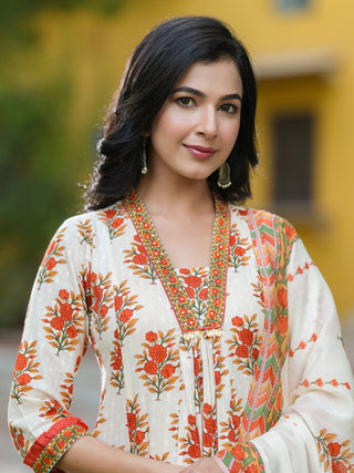 Floral Printed Thread Work Pure Cotton Kurta With Trousers & Dupatta