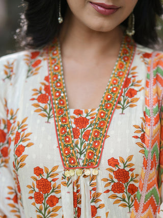 Floral Printed Thread Work Pure Cotton Kurta With Trousers & Dupatta
