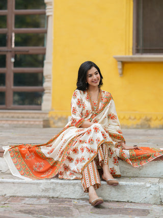 Floral Printed Thread Work Pure Cotton Kurta With Trousers & Dupatta