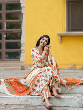 Floral Printed Thread Work Pure Cotton Kurta With Trousers & Dupatta