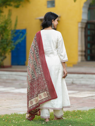 Women Embroidered Regular Sequinned Cotton Kurta with Trousers & Dupatta