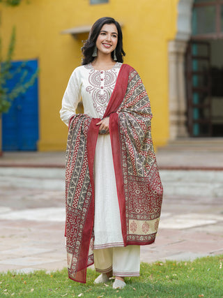 Women Embroidered Regular Sequinned Cotton Kurta with Trousers & Dupatta