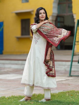 Women Embroidered Regular Sequinned Cotton Kurta with Trousers & Dupatta