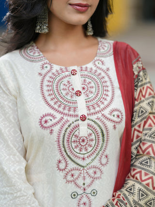 Women Embroidered Regular Sequinned Cotton Kurta with Trousers & Dupatta