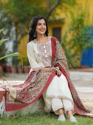 Women Embroidered Regular Sequinned Cotton Kurta with Trousers & Dupatta