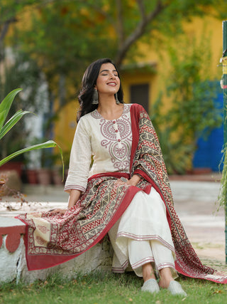 Women Embroidered Regular Sequinned Cotton Kurta with Trousers & Dupatta