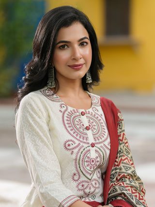Women Embroidered Regular Sequinned Cotton Kurta with Trousers & Dupatta