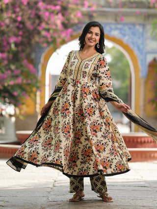 Women Floral Printed Regular Pure Cotton Kurta with Trousers & Dupatta