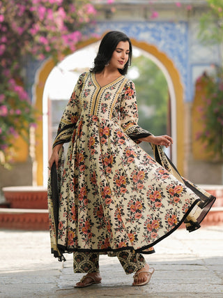 Women Floral Printed Regular Pure Cotton Kurta with Trousers & Dupatta