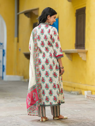 Floral Printed Thread Work Pure Cotton Kurta With Trousers & Dupatta