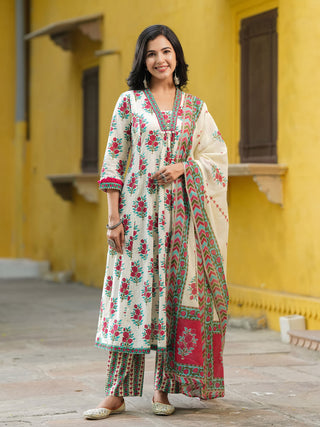 Floral Printed Thread Work Pure Cotton Kurta With Trousers & Dupatta