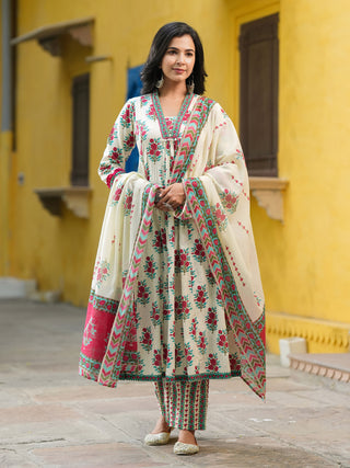 Floral Printed Thread Work Pure Cotton Kurta With Trousers & Dupatta