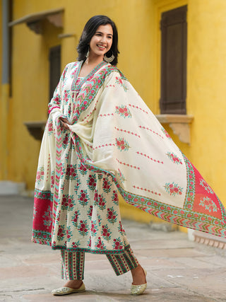 Floral Printed Thread Work Pure Cotton Kurta With Trousers & Dupatta